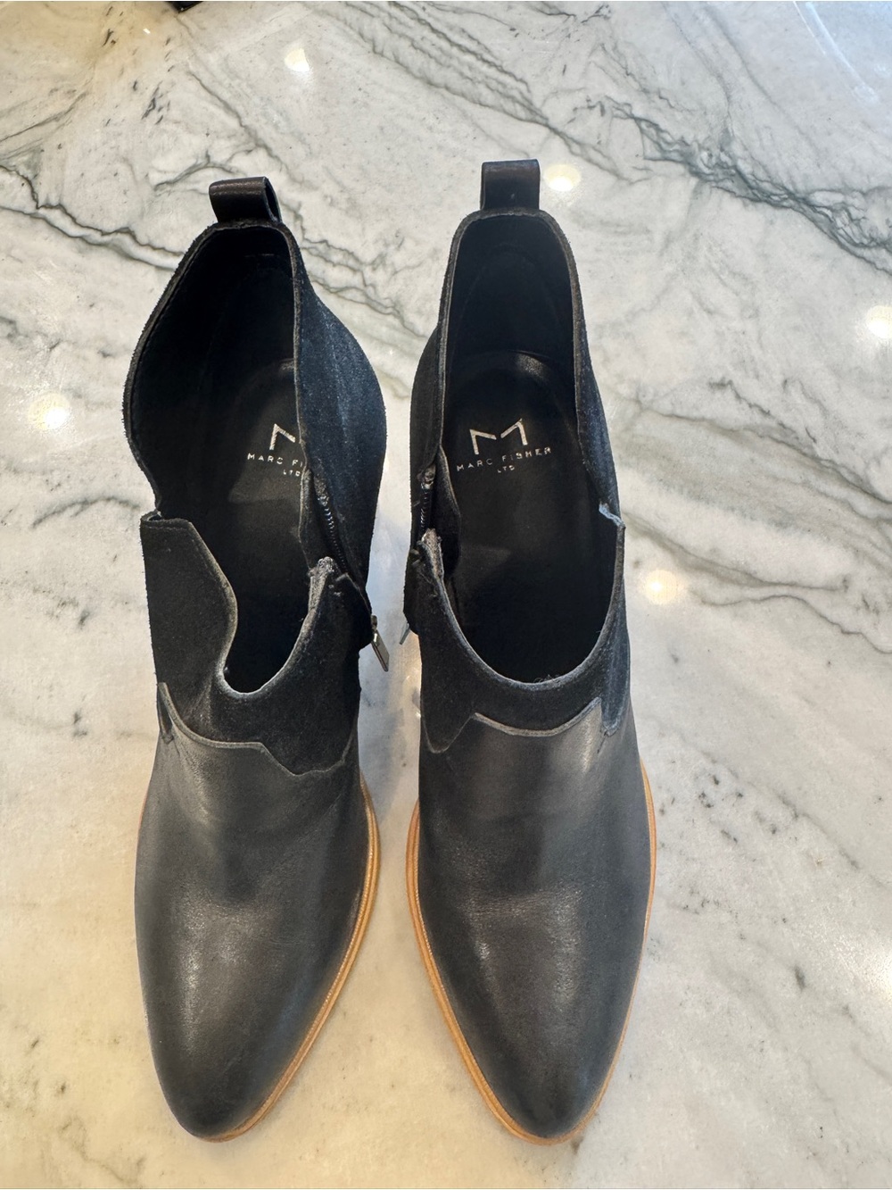 Marc Fisher Black Leather Pointed Ankle Booties with Tan Sole
